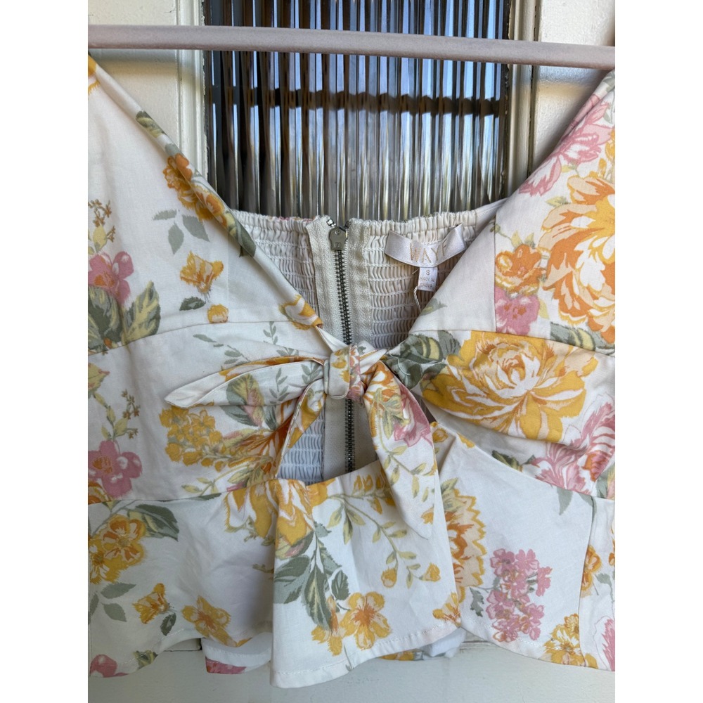WAYF Garden Roses Floral Puff Sleeve Tie‎ Front Crop Top Yellow Pink Small NEW - Picture 2 of 8